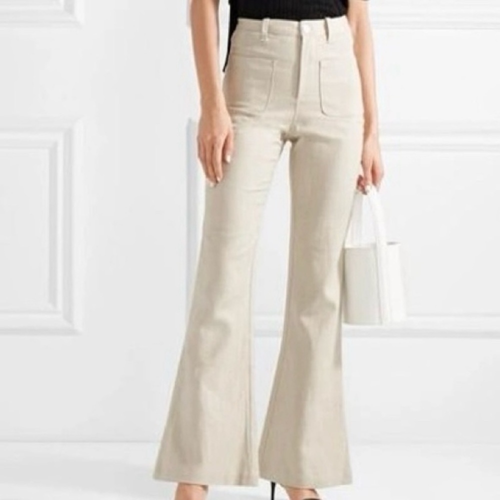 STAUD Patches Linen High Rise Flare Pants with Patch Pockets in Ecru Women’s 8